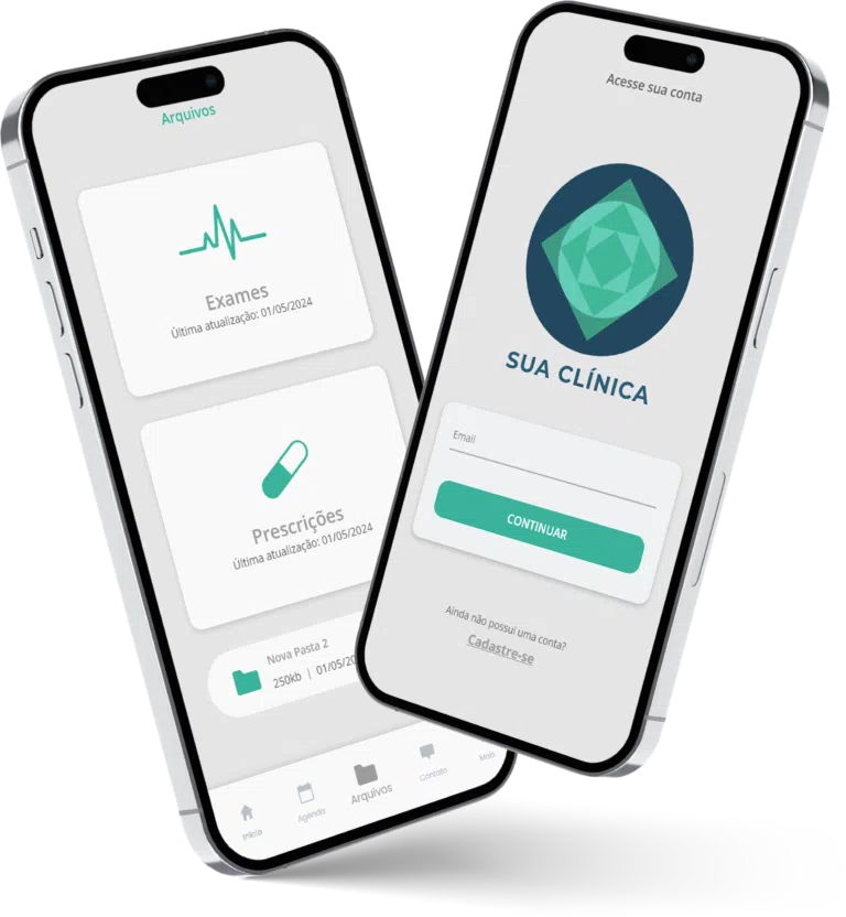 App personalizado da clínica aberto em dois celulares, com exames, prescrições e a marca do consultório.